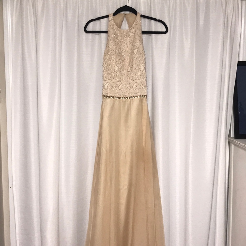 Champagne Beaded Prom Dress, Opened Back